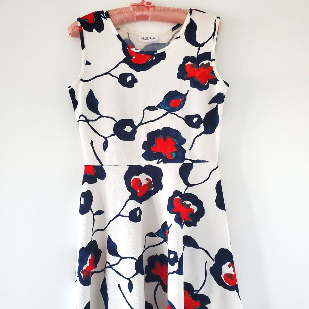 White red poppy floral summer sleeveless mini dress - size L